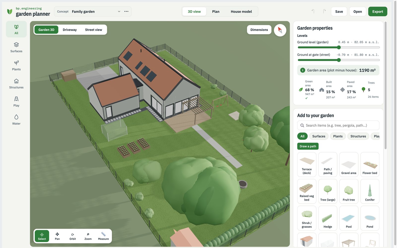 The garden planner with a house, trees, raised beds, a pergola and a terrace